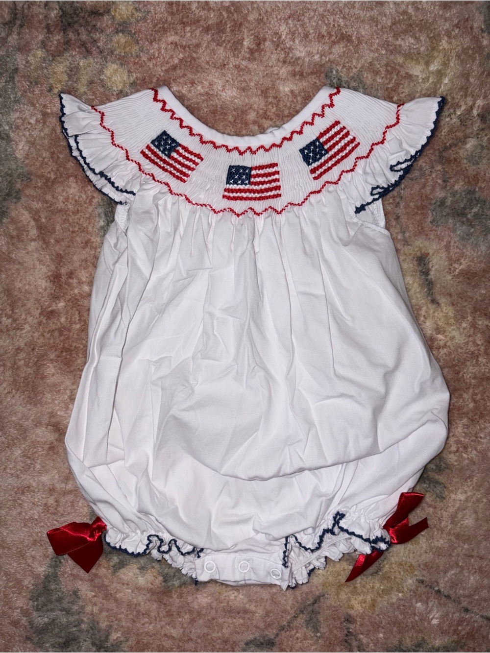 Girls White Smocked American Flag One-Piece Romper